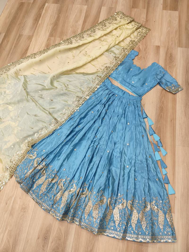 Blue Silk Semi Stitched Lehenga Choli with Embroidery & Zari Work