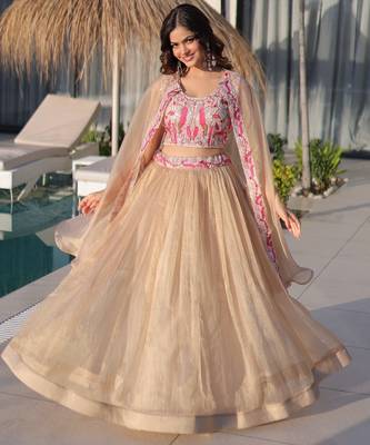 Cream Silk Free Size Stitched Lehenga Choli with Embroidery & Beards Work 1
