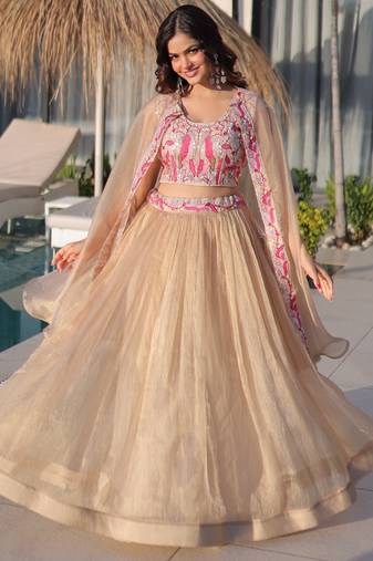Cream Silk Free Size Stitched Lehenga Choli with Embroidery & Beards Work