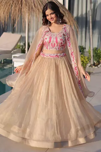 Cream Silk Free Size Stitched Lehenga Choli with Embroidery & Beards Work