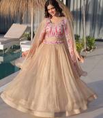 Cream Silk Free Size Stitched Lehenga Choli with Embroidery & Beards Work