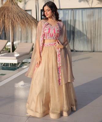 Cream Silk Free Size Stitched Lehenga Choli with Embroidery & Beards Work 2