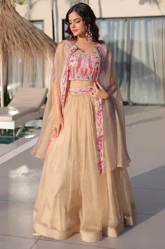 Cream Silk Free Size Stitched Lehenga Choli with Embroidery & Beards Work