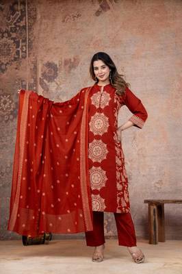 Cotton cambric printed straight kurti-pant-dupatta set 3