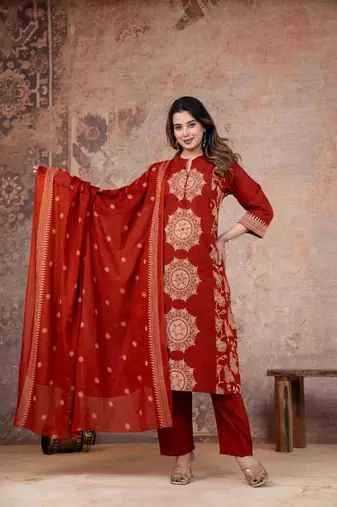 Cotton cambric printed straight kurti-pant-dupatta set