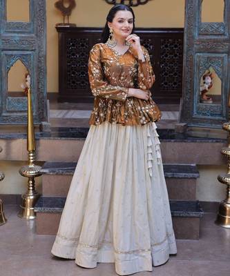 Mustard Silk Free Size Stitched Lehenga Choli with Embroidery & Mirror Work 1