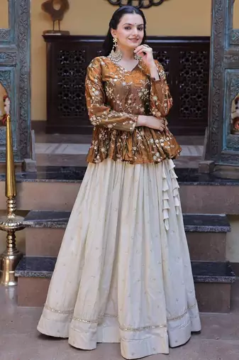 Mustard Silk Free Size Stitched Lehenga Choli with Embroidery & Mirror Work