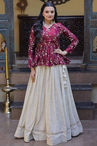 Purple Silk Readymade Stitched Lehenga Choli with Embroidery & Mirror Work