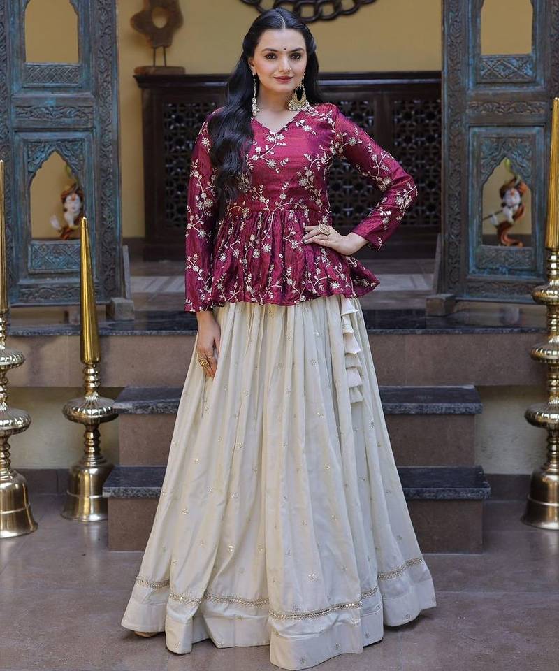 Purple Silk Free Size Stitched Lehenga Choli with Embroidery & Mirror Work