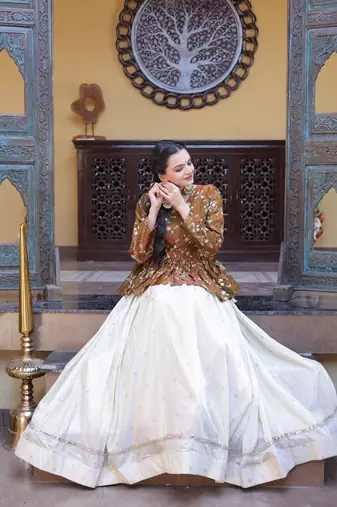 Mustard Silk Free Size Stitched Lehenga Choli with Embroidery & Mirror Work