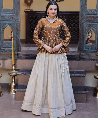 Mustard Silk Free Size Stitched Lehenga Choli with Embroidery & Mirror Work 3
