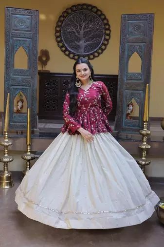 Purple Silk Free Size Stitched Lehenga Choli with Embroidery & Mirror Work