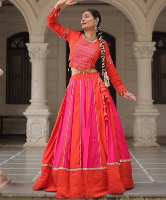 Pink&Red silk blend Free Size Stitched Lehenga Choli with Embroidery & Mirror Work 1