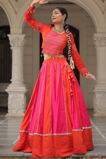 Pink&Red Silk Free Size Stitched Lehenga Choli with Embroidery & Mirror Work