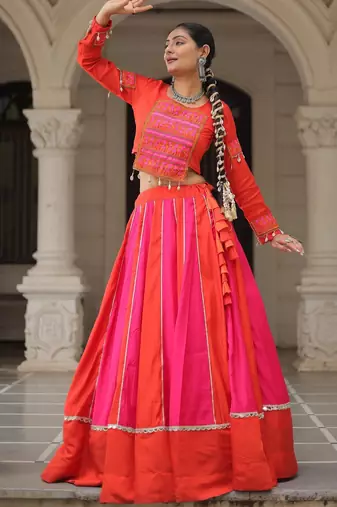 Pink&Red Silk Free Size Stitched Lehenga Choli with Embroidery & Mirror Work