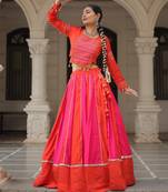 Pink&Red Silk Free Size Stitched Lehenga Choli with Embroidery & Mirror Work