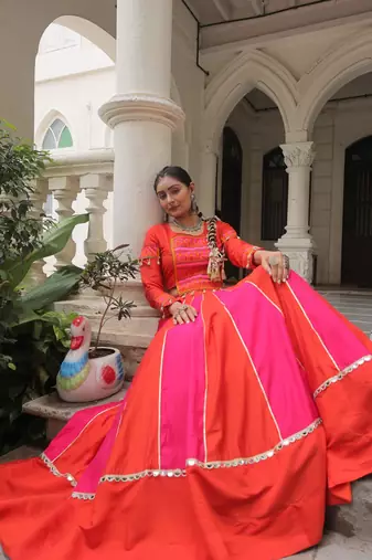 Pink&Red Silk Free Size Stitched Lehenga Choli with Embroidery & Mirror Work
