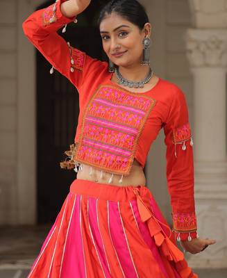 Pink&Red silk blend Free Size Stitched Lehenga Choli with Embroidery & Mirror Work 3