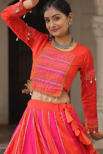Pink&Red Silk Free Size Stitched Lehenga Choli with Embroidery & Mirror Work
