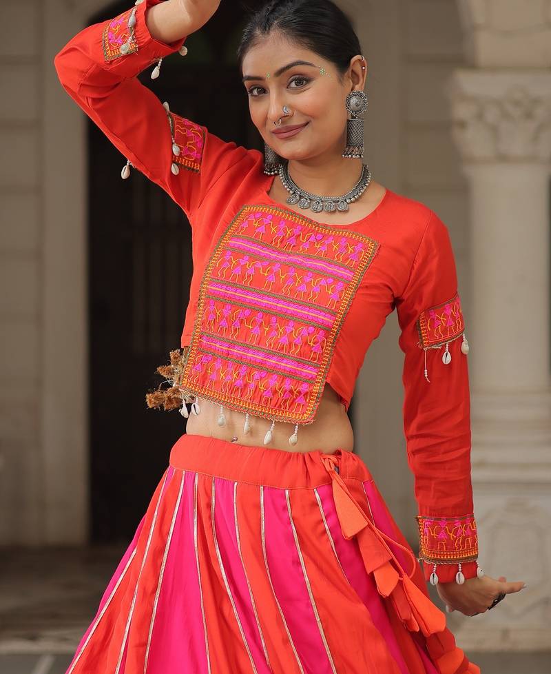 Pink&Red Silk Free Size Stitched Lehenga Choli with Embroidery & Mirror Work
