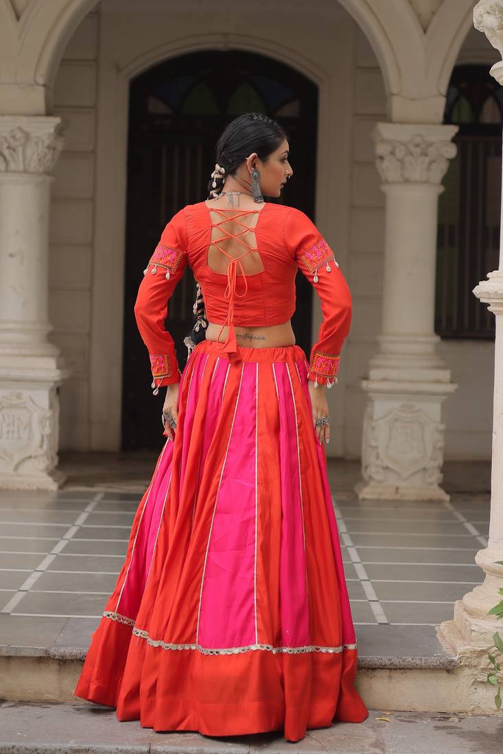 Pink&Red Silk Free Size Stitched Lehenga Choli with Embroidery & Mirror Work
