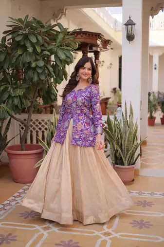 Off White Silk Free Size Stitched Lehenga Choli with Embroidery & Jequard Work