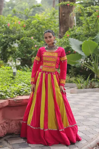 Pink&Yellow Silk Free Size Stitched Lehenga Choli with Embroidery & Mirror Work
