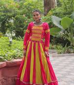 Pink&Yellow Silk Free Size Stitched Lehenga Choli with Embroidery & Mirror Work