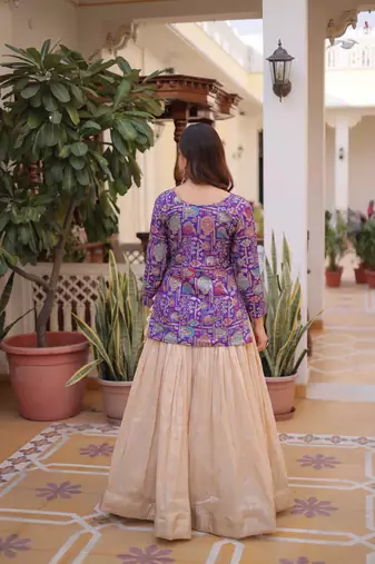 Off White Silk Free Size Stitched Lehenga Choli with Embroidery & Jequard Work