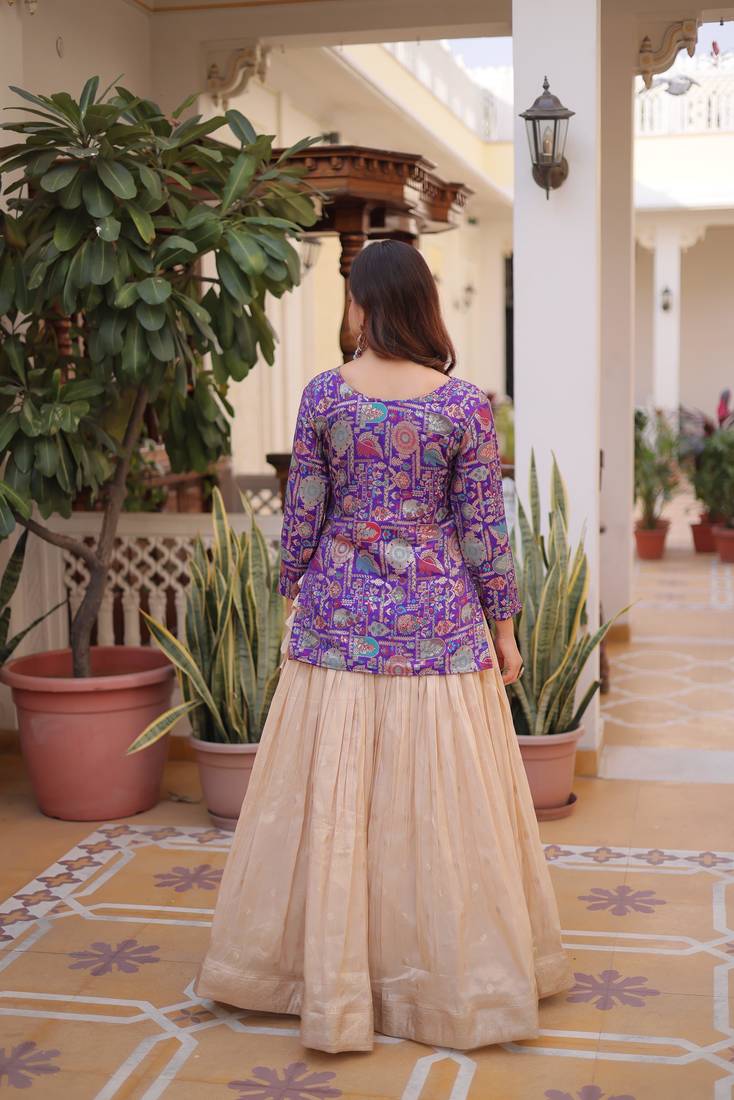 Off White Silk Free Size Stitched Lehenga Choli with Embroidery & Jequard Work