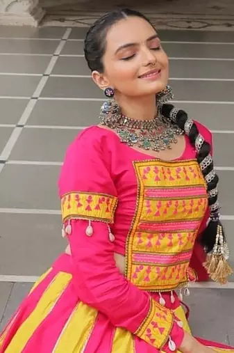 Pink&Yellow Silk Free Size Stitched Lehenga Choli with Embroidery & Mirror Work