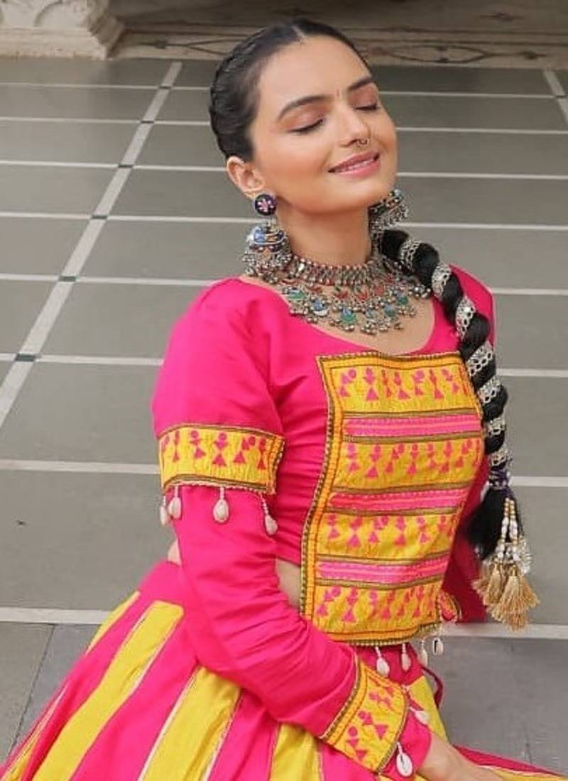 Pink&Yellow Silk Free Size Stitched Lehenga Choli with Embroidery & Mirror Work