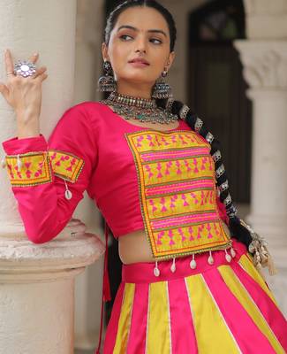 Pink&Yellow silk blend Free Size Stitched Lehenga Choli with Embroidery & Mirror Work 3