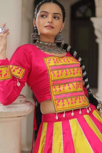 Pink&Yellow Silk Free Size Stitched Lehenga Choli with Embroidery & Mirror Work