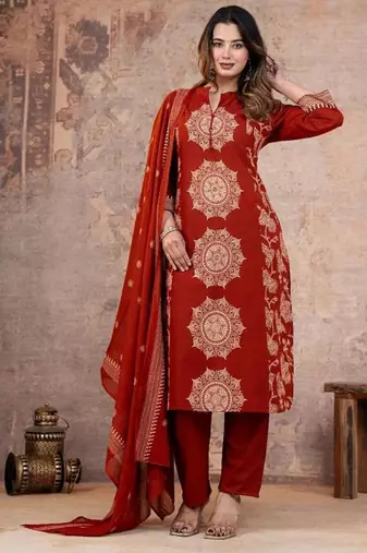 Cotton cambric printed straight kurti-pant-dupatta set