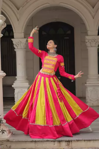 Pink&Yellow Silk Free Size Stitched Lehenga Choli with Embroidery & Mirror Work