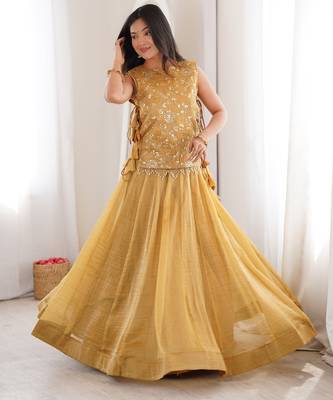 Mustard Silk Free Size Stitched Lehenga Choli with Embroidery & Pearl Work 1