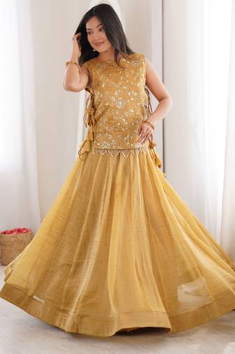 Mustard Silk Free Size Stitched Lehenga Choli with Embroidery & Pearl Work
