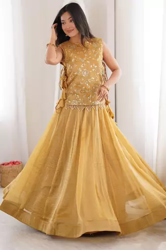 Mustard Silk Free Size Stitched Lehenga Choli with Embroidery & Pearl Work