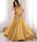 Mustard Silk Free Size Stitched Lehenga Choli with Embroidery & Pearl Work