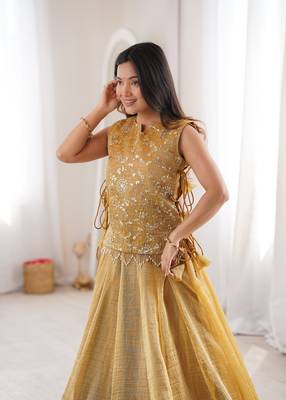 Mustard Silk Free Size Stitched Lehenga Choli with Embroidery & Pearl Work 2
