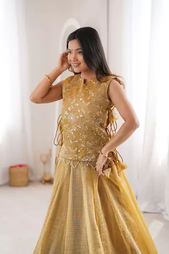 Mustard Silk Free Size Stitched Lehenga Choli with Embroidery & Pearl Work