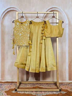 Mustard Silk Free Size Stitched Lehenga Choli with Embroidery & Pearl Work 3