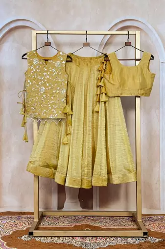 Mustard Silk Free Size Stitched Lehenga Choli with Embroidery & Pearl Work