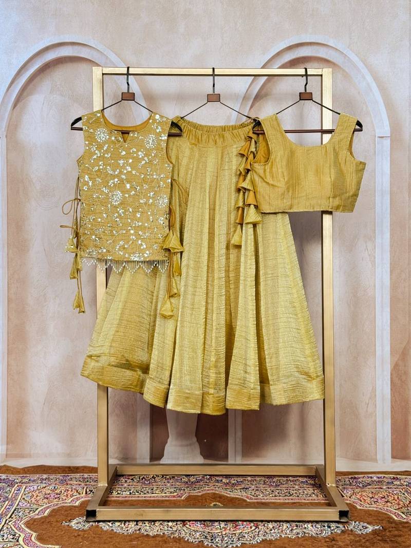 Mustard Silk Free Size Stitched Lehenga Choli with Embroidery & Pearl Work
