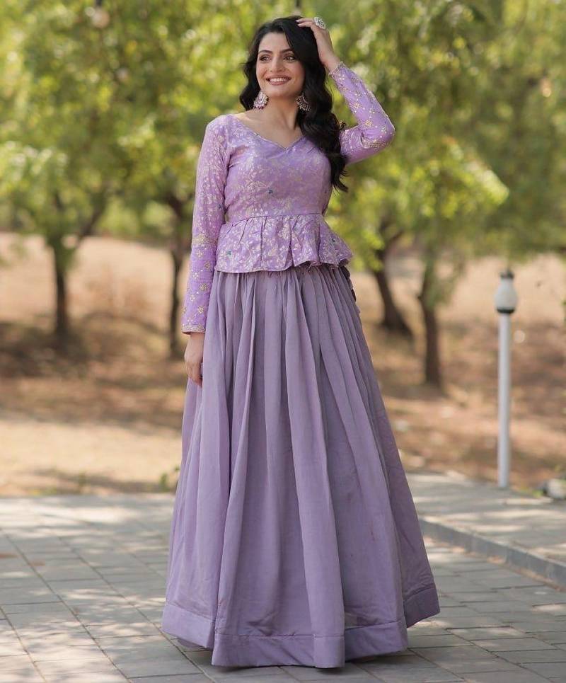 Lavender Simmer Free Size Stitched Lehenga Choli with Embroidery & Jequard Work