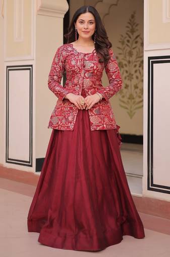 Maroon Simmer Free Size Stitched Lehenga Choli with Embroidery & Jequard Work