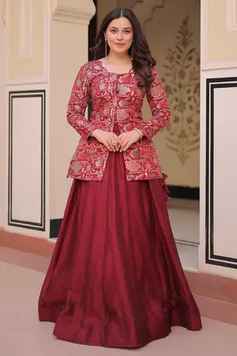 Maroon Simmer Free Size Stitched Lehenga Choli with Embroidery & Jequard Work