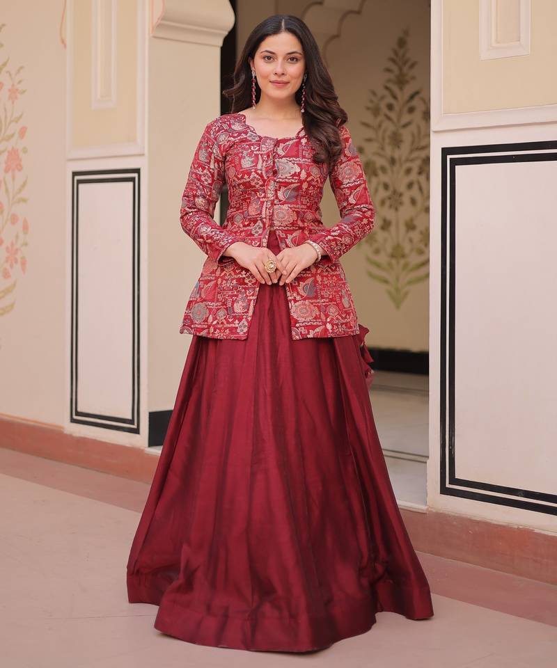 Maroon Simmer Free Size Stitched Lehenga Choli with Embroidery & Jequard Work