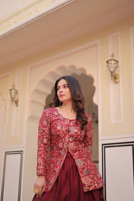 Maroon Simmer Free Size Stitched Lehenga Choli with Embroidery & Jequard Work 2